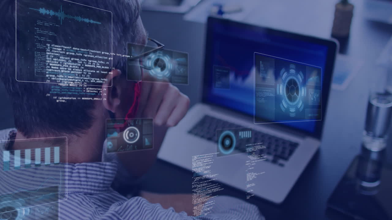 Working on laptop, person analyzing digital data and graphs with animation