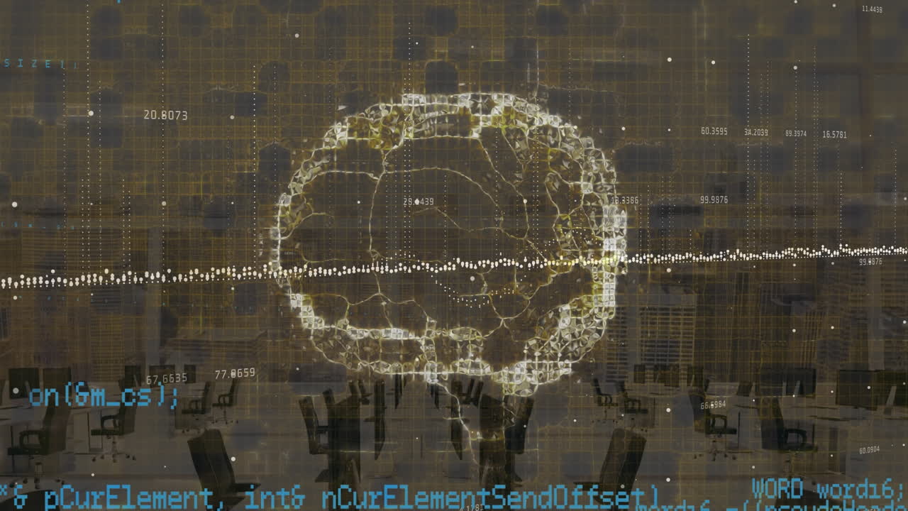 Animation of data processing and digital brain over office