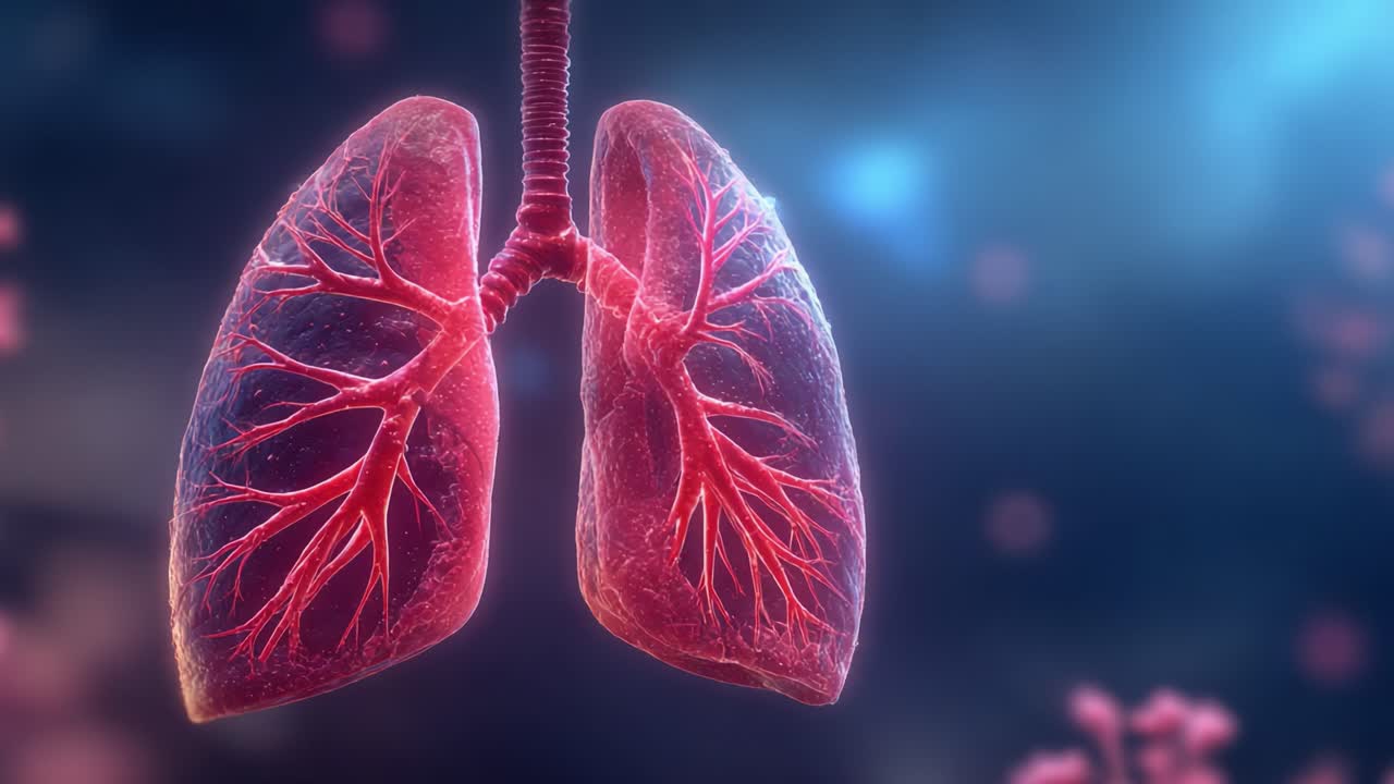 Una visualizzazione dettagliata dei polmoni umani che raffigura intricate strutture bronchiali con una rappresentazione vivida degli elementi circolatori e uno sfondo atmosferico