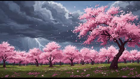 a dramatic landscape of blooming cherry blossom trees under dark stormy skies, featuring lightning strikes and whirling petals in a majestic, colorful scene