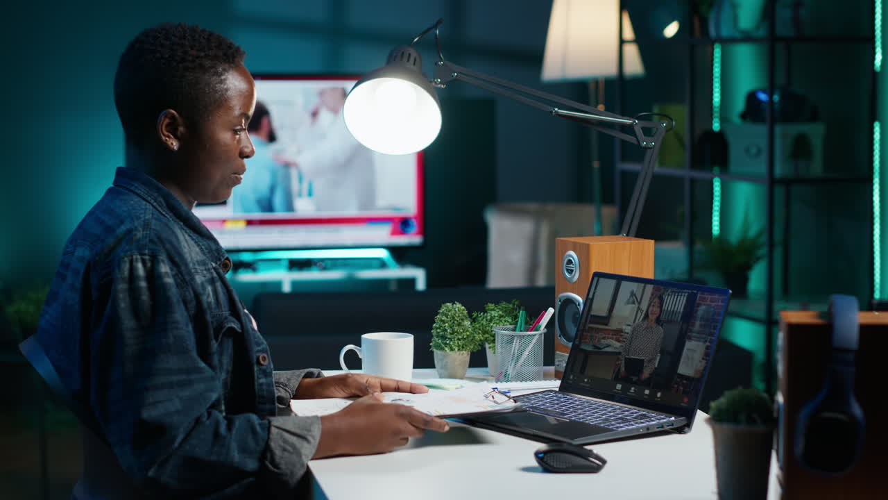Woman studying online at night