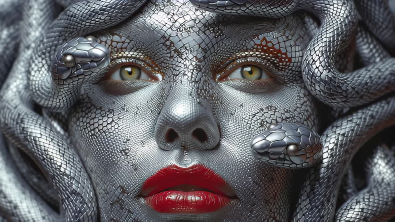 Close-up footage of a surreal female face covered in silver reptile scales, framed by coiled snakes and glossy red lips, creating a fantasy and mythology concept