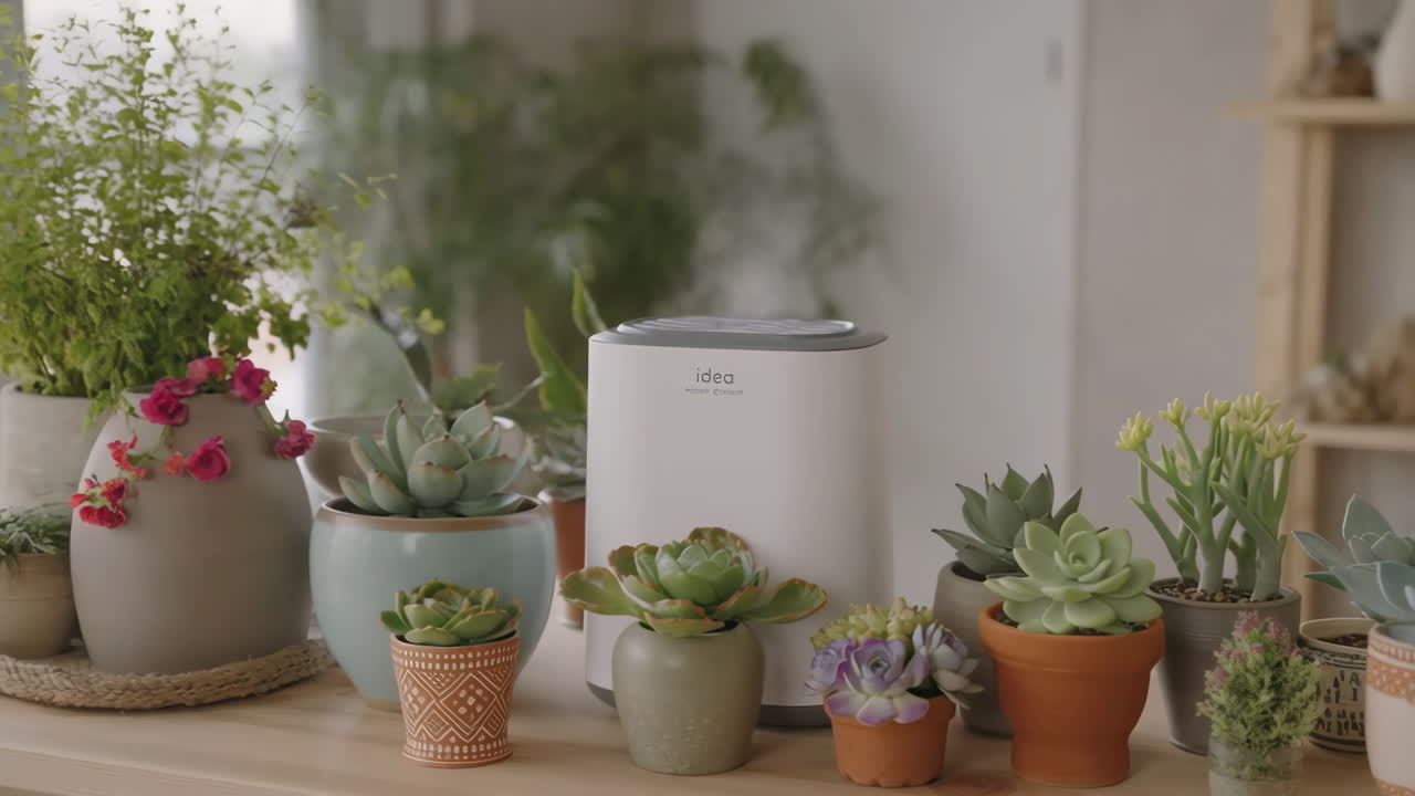 Humidifier surrounded by succulents and plants