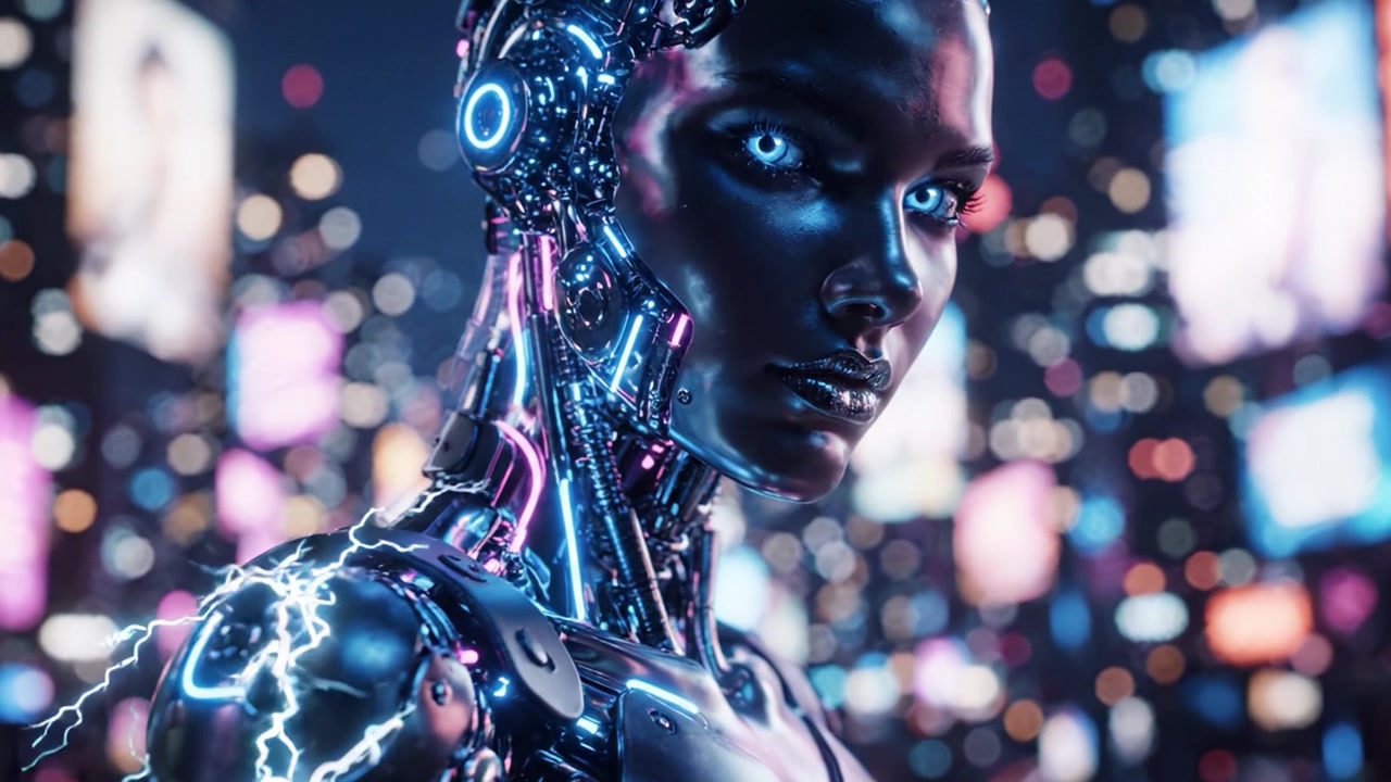 Futuristic Android: A Captivating Glimpse of an Advanced Humanoid Robot Amidst a Vibrant Cityscape, Showcasing Cutting-Edge Technology and Stunning Visual Design