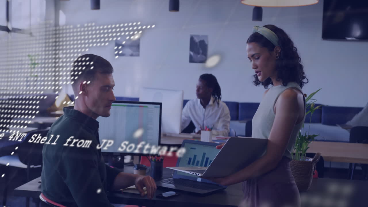 Business data animation over diverse professionals working in modern office