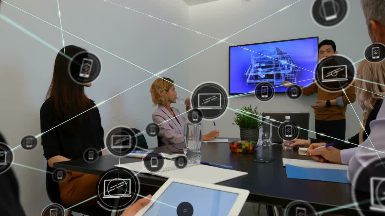 사무실에서 다양한 사업가들과의 아이콘과의 연결 네트워크의 애니메이션