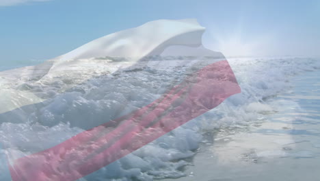 digital composition of waving russia flag against sea waves on the beach