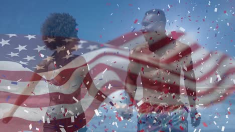 Animation-of-american-flag-and-confetti-over-african-american-couple-at-beach