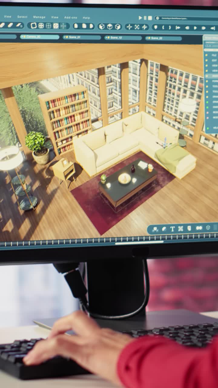 Vertical Video Female employee creates 3D render of an apartment interior using blueprints