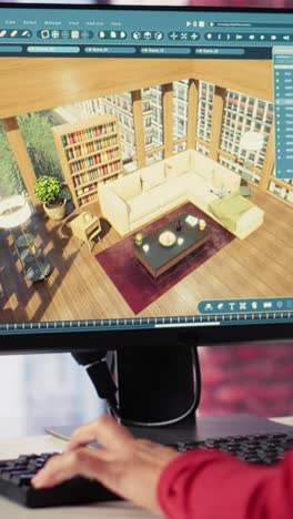 vertical video female employee creates 3d render of an apartment interior using blueprints