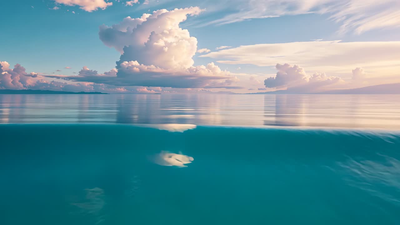 Rippling turquoise ocean surface reflecting large cumulus cloud as light breeze creating ripples