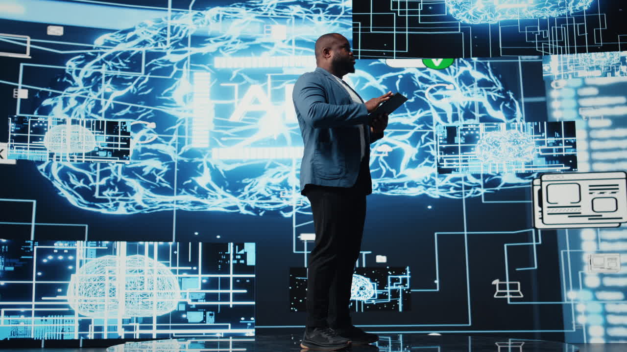 African american IT specialist ensuring futuristic AI brain in the background