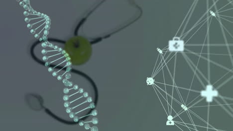 Animation-of-dna-strand-and-network-of-connections-with-icons-over-stethoscope