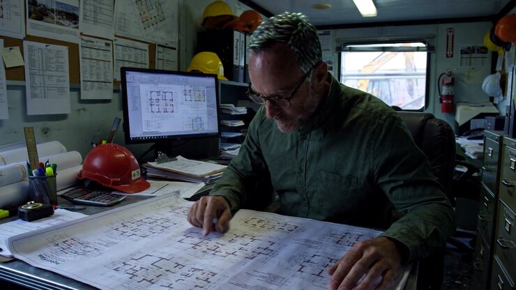 Site Engineer Reviewing Blueprints In Container Office For Professional Commercial Projects