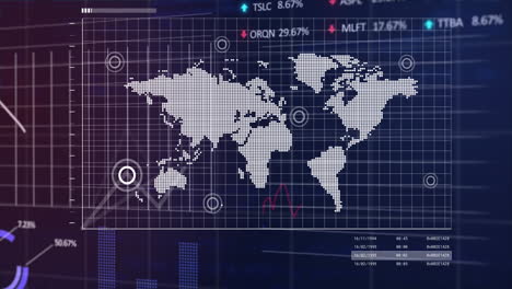 animación de la interfaz con el procesamiento de datos estadísticos y bursátiles sobre fondo azul.
