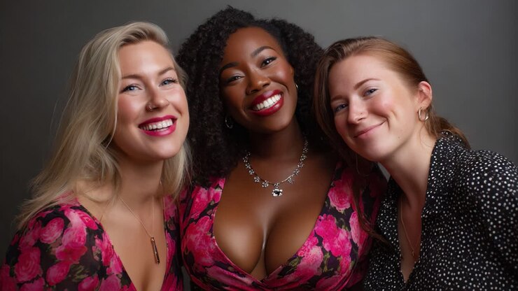 Un gioioso incontro di tre donne sicure di sé con acconciature diverse e vivaci abiti floreali, che esprimono felicità e amicizia in un ritratto ben illuminato che cattura i loro sorrisi radiosi e la loro presenza elegante