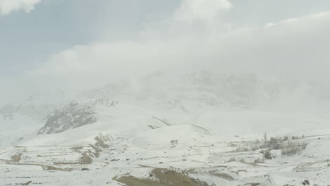 snowy mountains and fog over a vast iranian landscape with dramatic weather