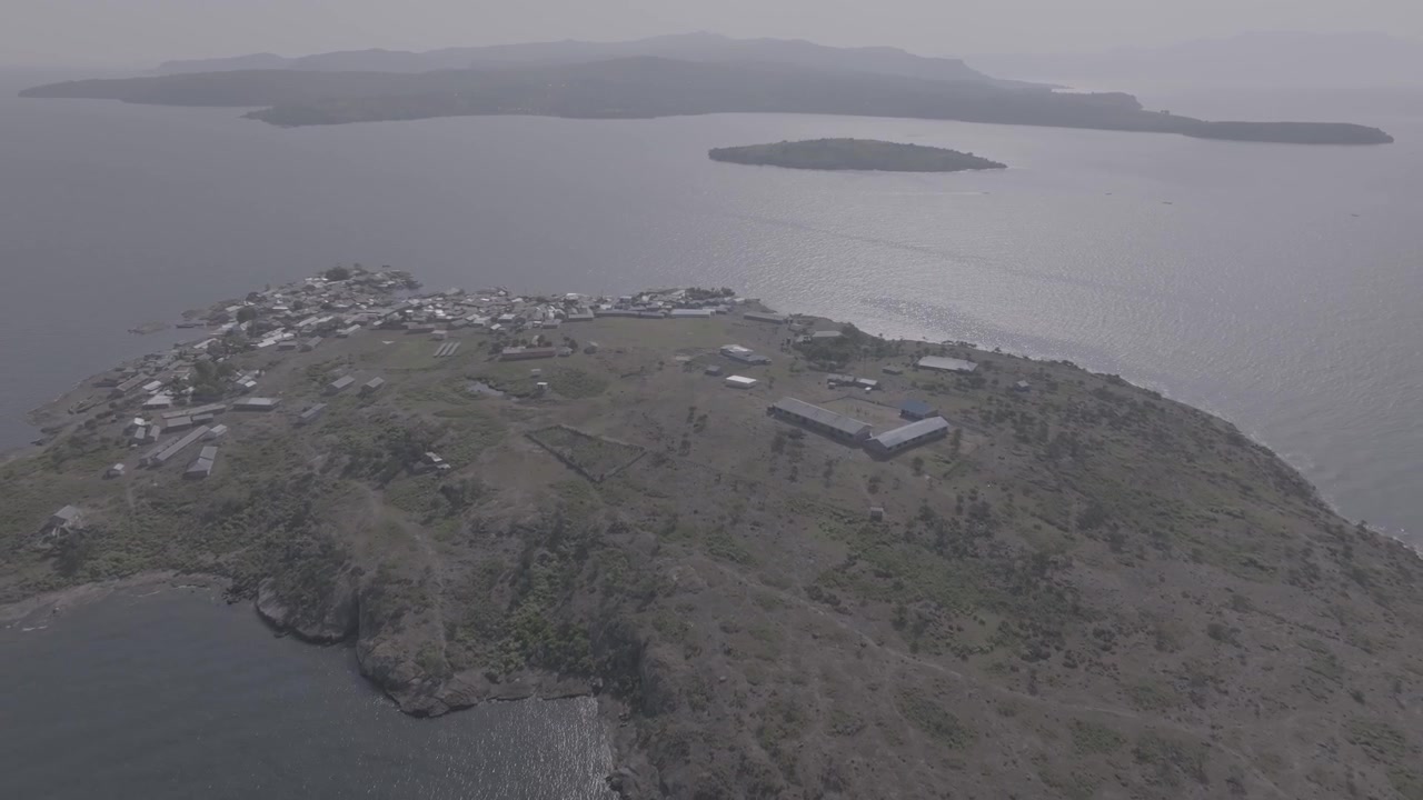 Aerial wide shot of Rungiti Island in Lake Victoria kenya