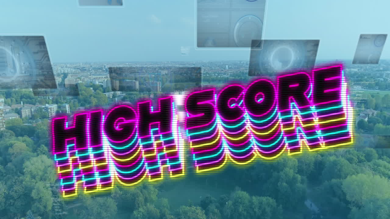도시 풍경 위에서 높은 점수 텍스트와 데이터 처리의 애니메이션