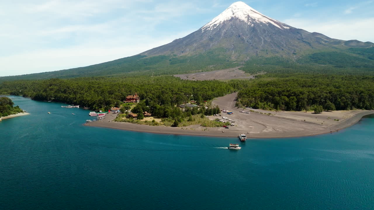 Snow-capped Osorno Volcano, turquoise Lago Todos los Santos, tourist boats at Petrohué port, Chilean landmark. Aerial backward, copy space