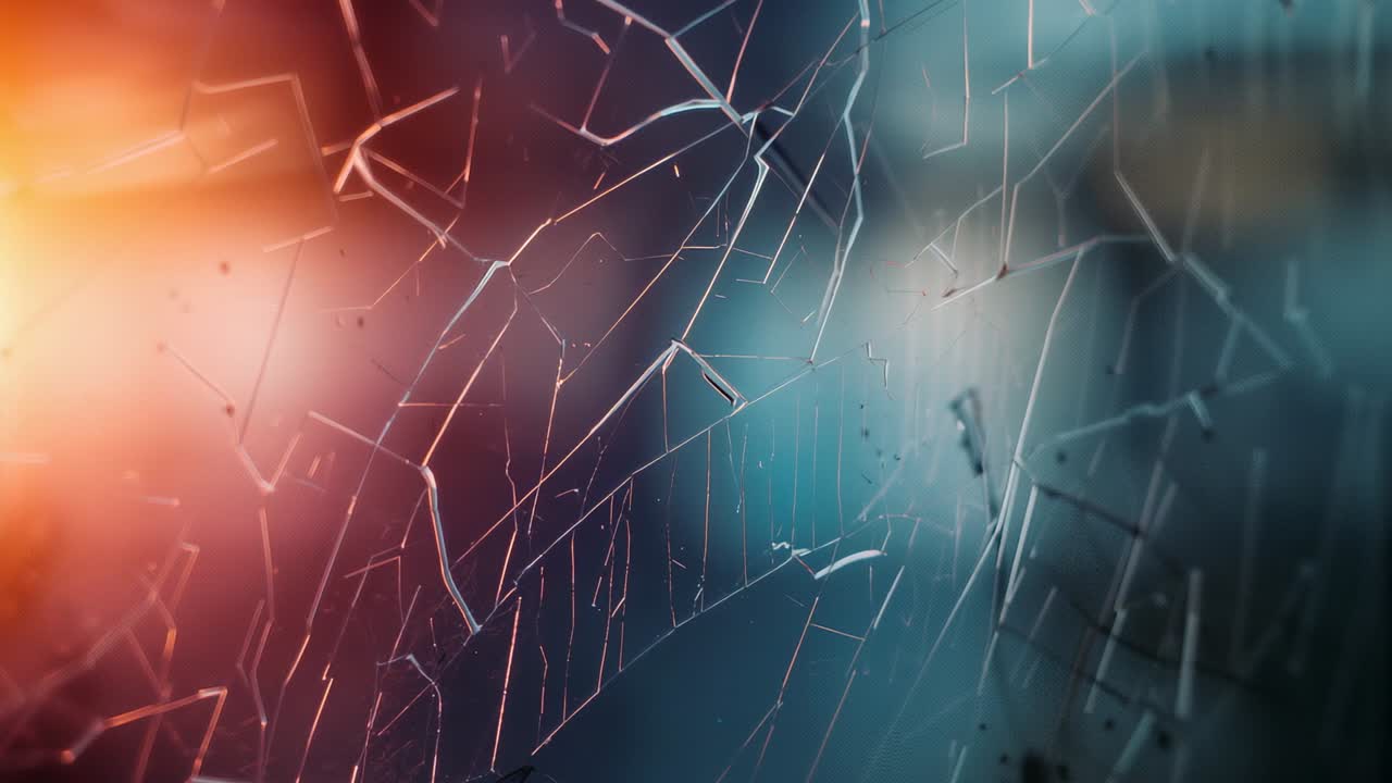 Warm orange backlighting causing fractured glass pane shimmering shifting cool teal glow in studio