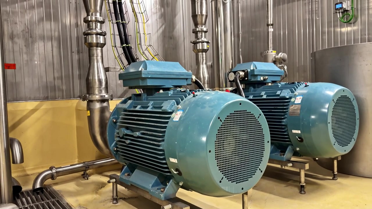 Motori elettrici industriali e pompe allineati sul pavimento della fabbrica in un impianto meccanico.