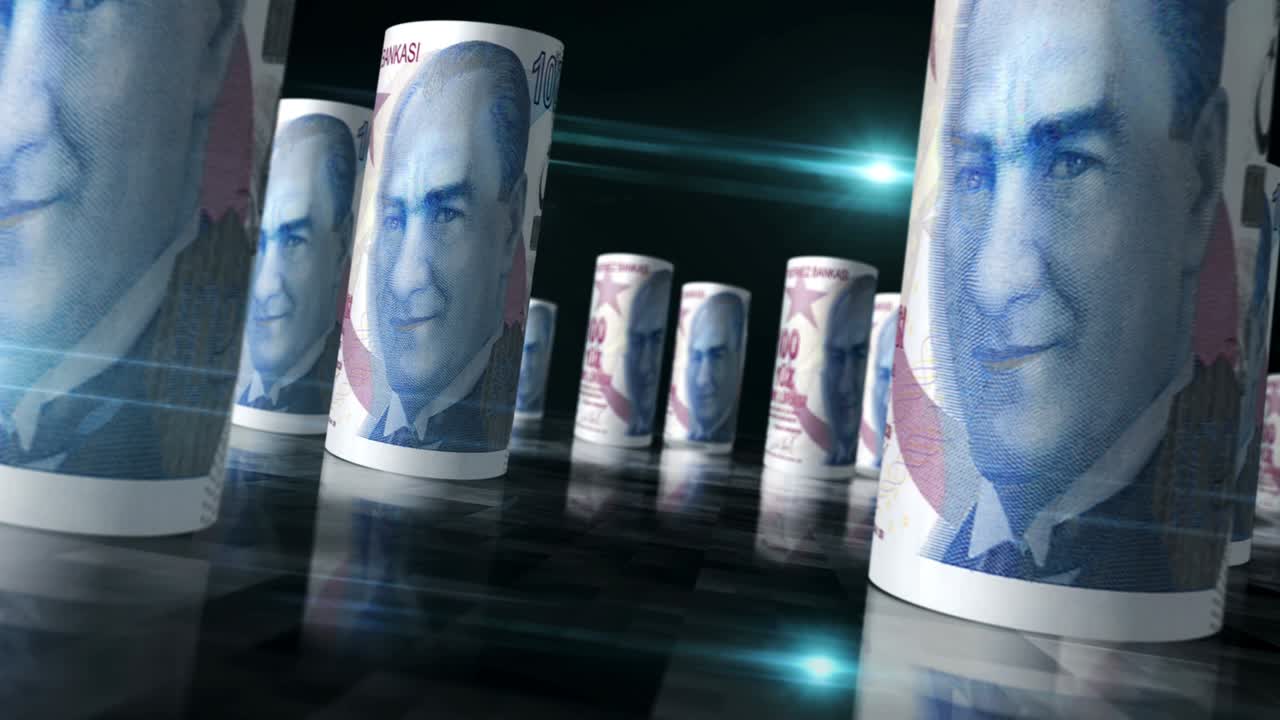 Rotoli di banconote di lira turca in loop continuo