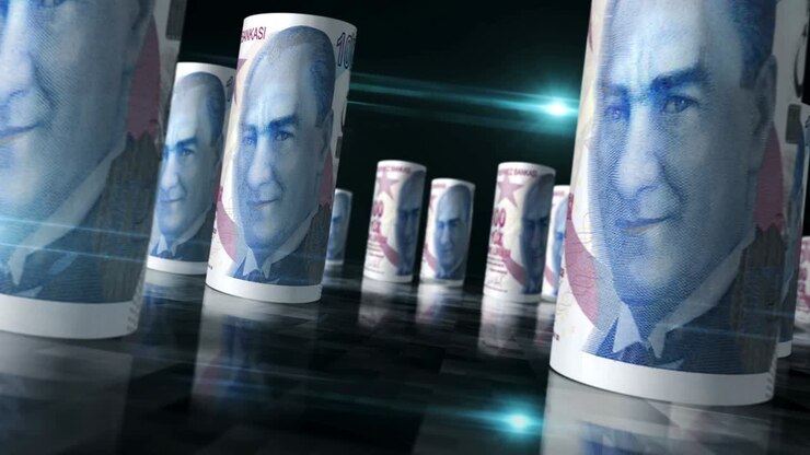 Rotoli di banconote di lira turca in loop continuo