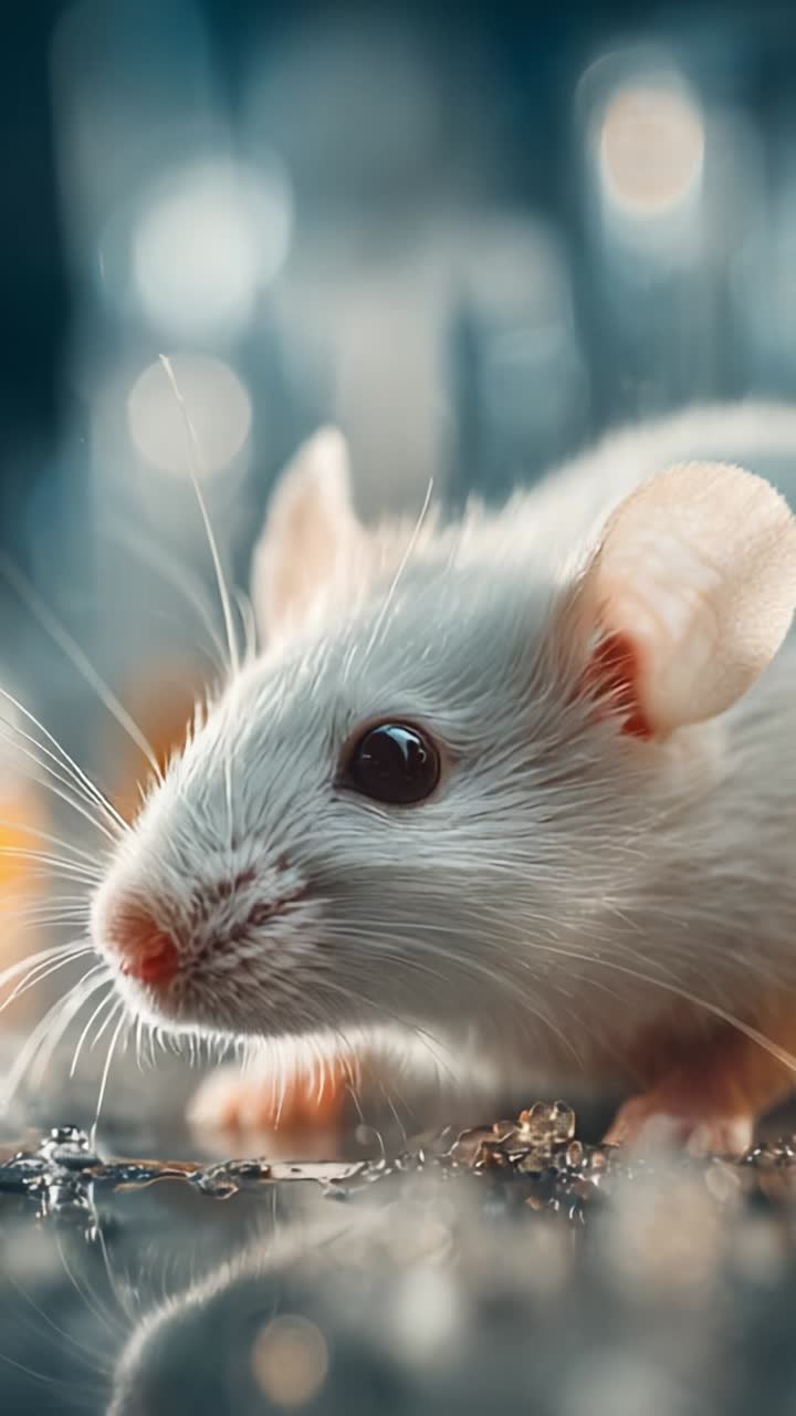 Un incontro ravvicinato con un topolino bianco che esplora il suo ambiente, catturato in un vivace ambiente di laboratorio pieno di apparecchiature scientifiche