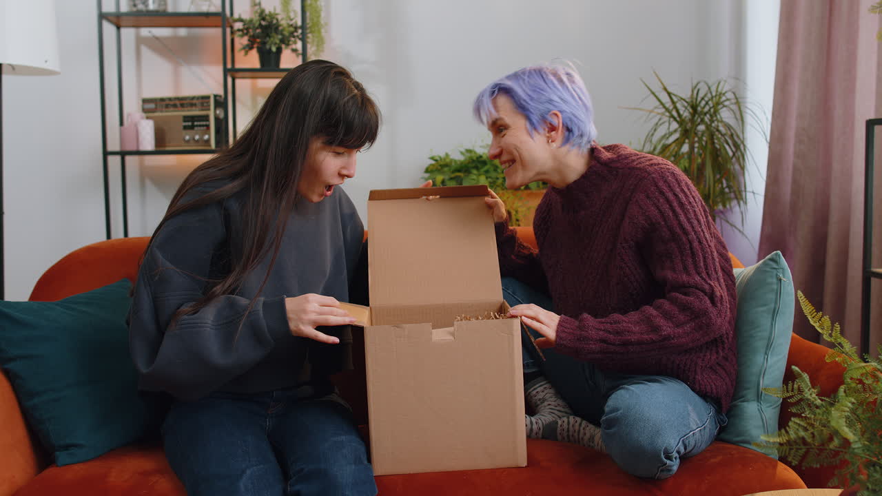 Happy lesbian women shopper unpacking cardboard box delivery parcel online shopping purchase at home