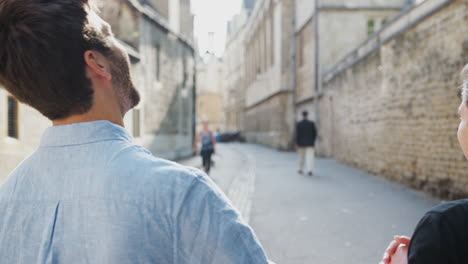 rear view of loving male gay couple holding hands walking along city street