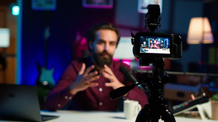 Focus sulla telecamera professionale usata dall'uomo che ospita lo show online