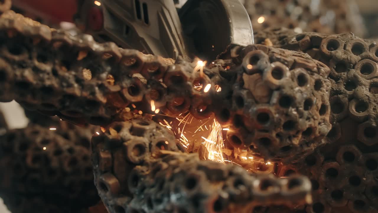 Macro view of industrial welding with flying sparks and molten metal