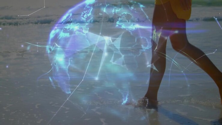 Woman's legs walking through surf on shore activating tech points evolving into wireframe globe