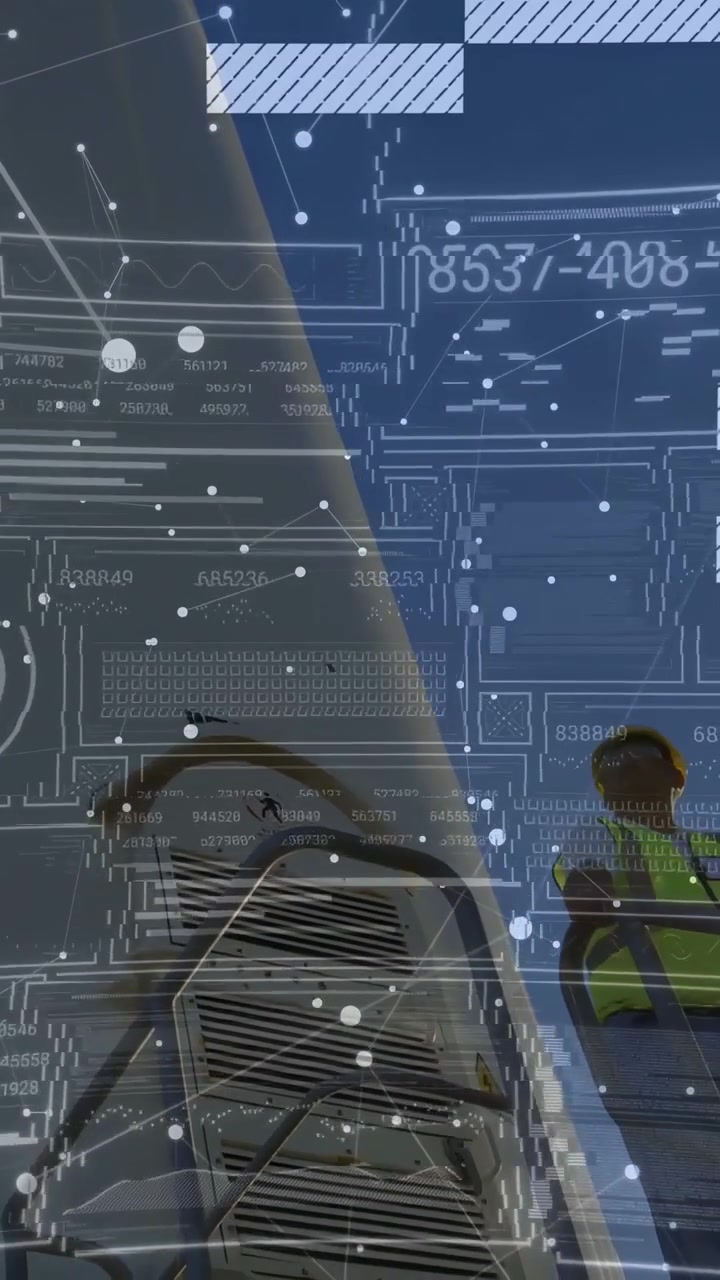 Vertical video: Worker entering and inspecting blade for energy inspection while HUD tagging nodes