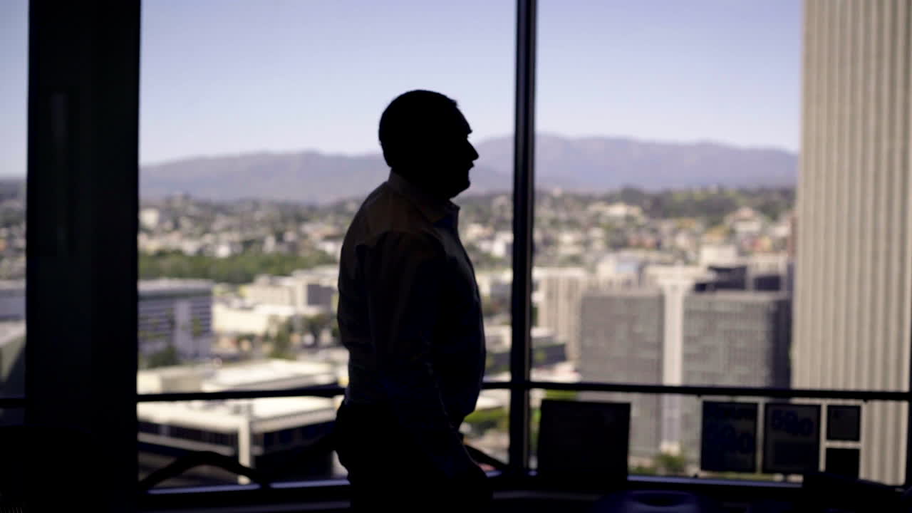 Silhouette of a person in a modern office building with cityscape view