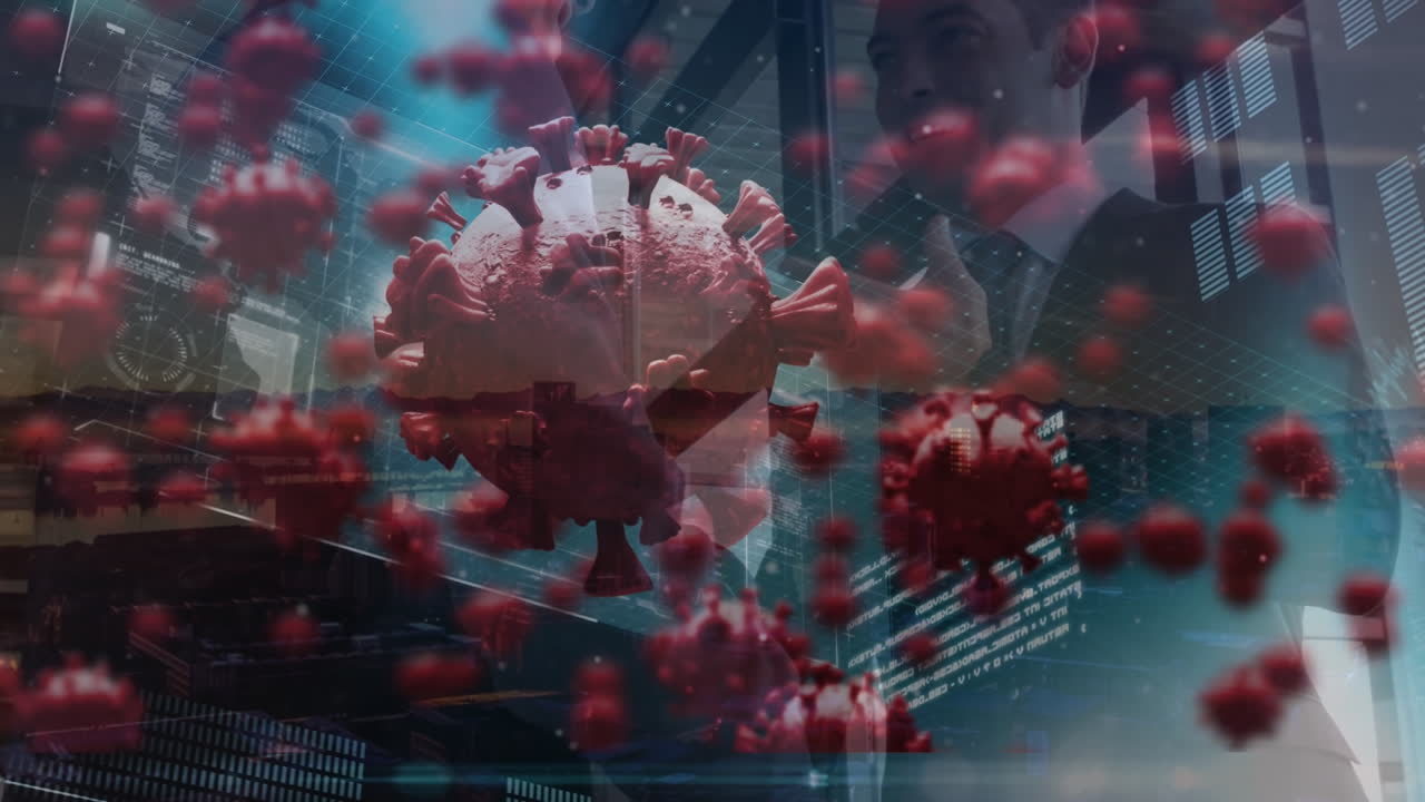 Animation of macro corona virus with data against caucasian business partners handshaking in office