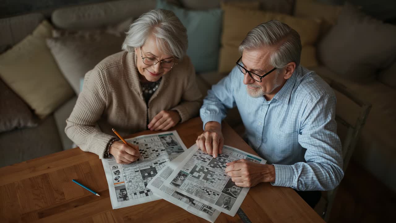 Picking up yellow pencil, senior pair writing while solving crossword at home in cardigan and shirt