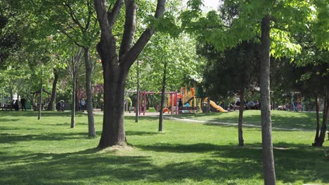 parque con patio de recreo y gente