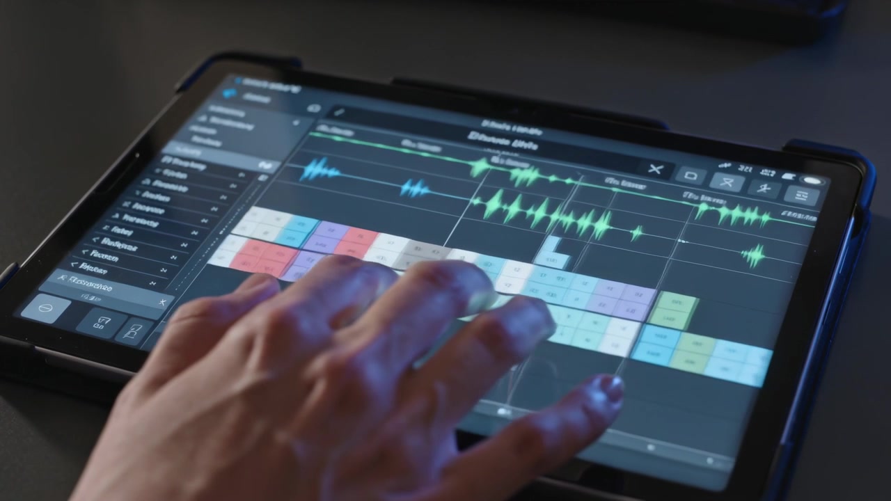 Tapping producer's hand updating waveforms while sequencing grid on tablet at desk, creating beats