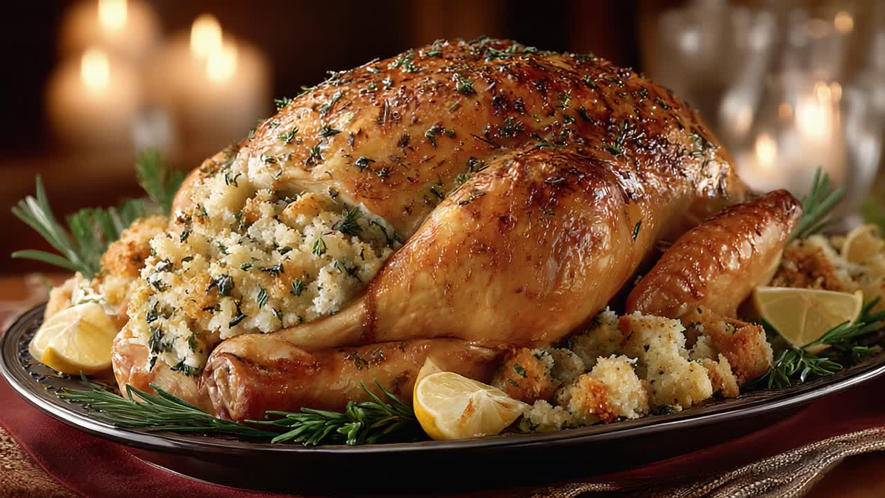 A Beautifully Roasted Turkey: Golden Brown and Perfectly Stuffed with Delicious Filling, Surrounded by Lemon and Herbs for a Perfect Holiday Feast