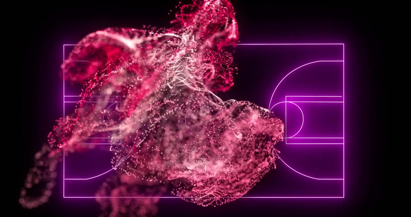 Abstract Pink Particle Cloud Forming a Basketball Court Outline