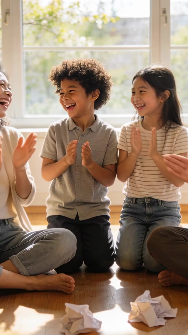 Vertical video: Clapping mom and kids after cue at home by paned window, cardigan, crumpled balls