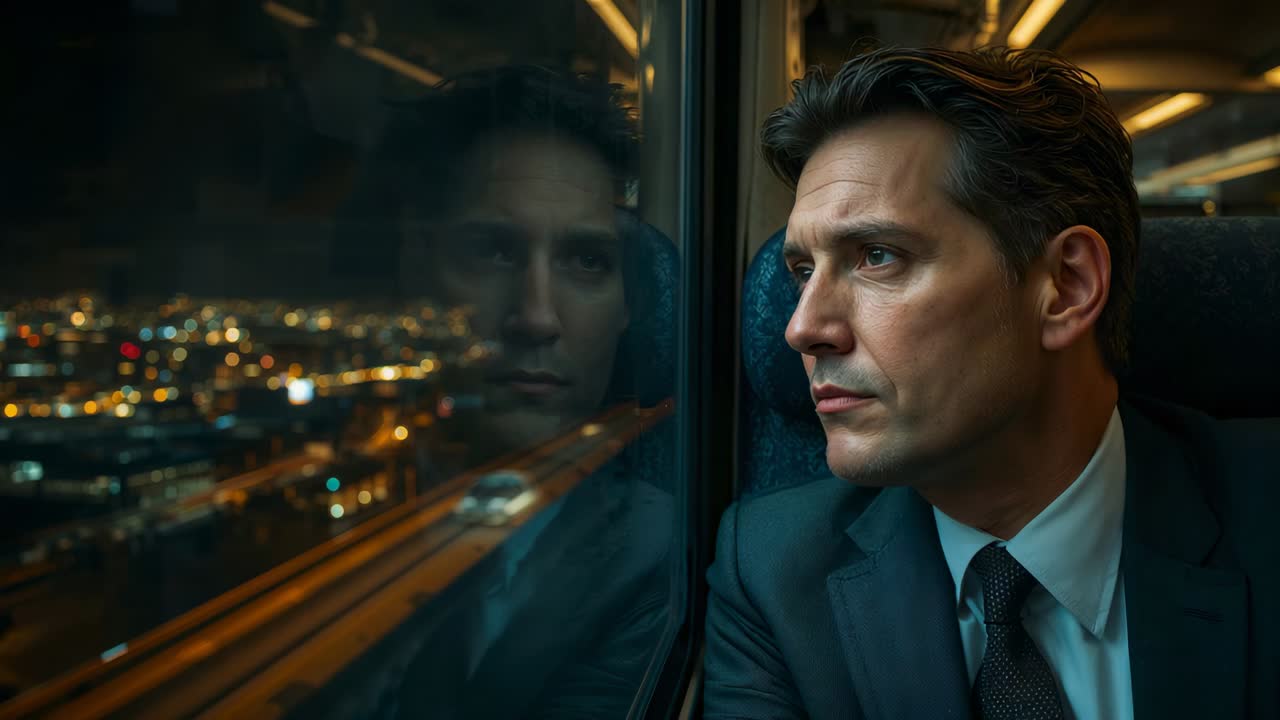 Leaning man in dark suit and tie, reflecting at night-train window while train moving, copy space