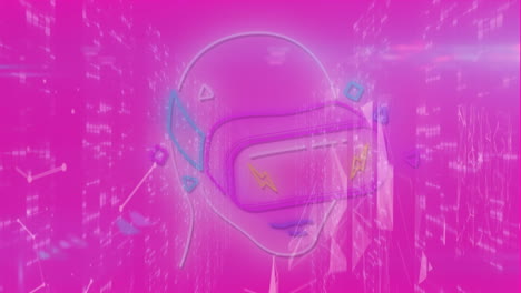 person wearing vr headset icon against glowing tunnel on pink background