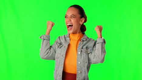 Winner,-excited-and-woman-on-green-screen-to