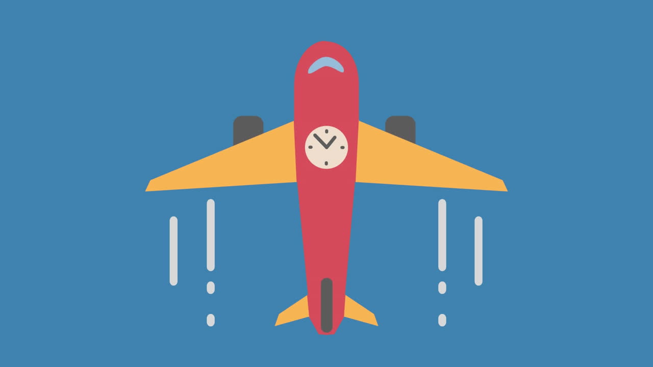 Animación digital de icono de avión con reloj en marcha volando sobre un fondo azul.