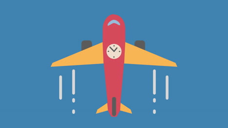 animación digital del icono del avión con un reloj que vuela contra un fondo azul