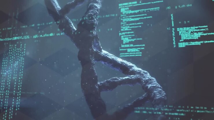 Animation of nucleotides, computer language and rotating dna helix over abstract background
