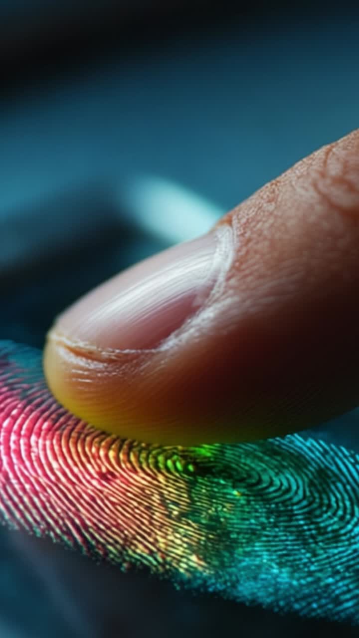 Capturing a Colorful Fingerprint: A Close-Up Look at Detailed Fingerprints on a Sensor Surface Highlighting Technology and Personal Identification